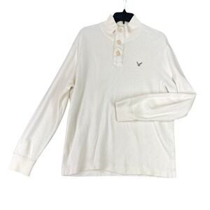 American Eagle Prep Fit Shawl Collar Henley Sweater L Cream Cotton AEO Preppy